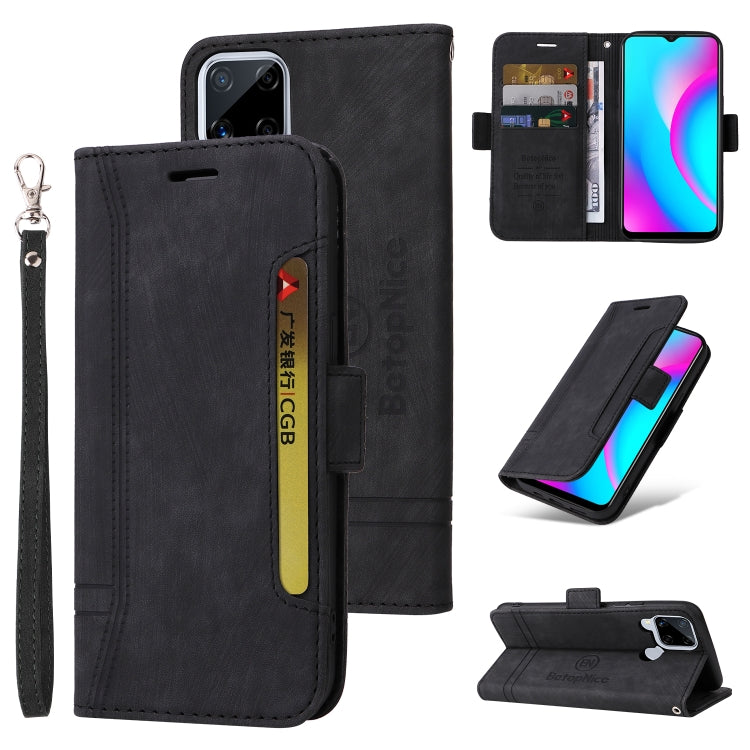 Black leather flip phone case with buckle closure, dual-side slots, and wrist strap