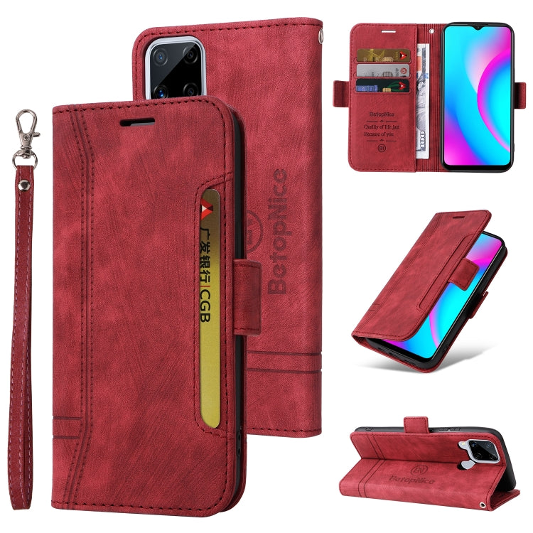 Red leather flip phone case with buckle closure, dual-side slots, and wrist strap