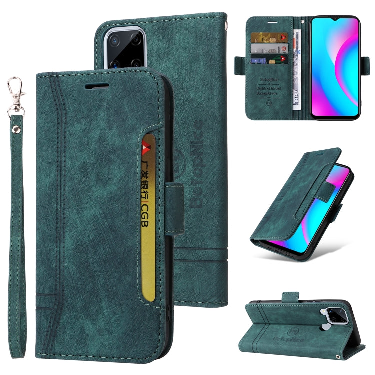 Teal leather flip phone case with buckle closure, dual-side slots, and wrist strap