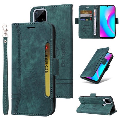 Teal leather flip phone case with buckle closure, dual-side slots, and wrist strap