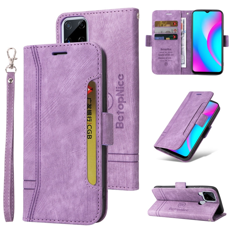 Lavender leather flip phone case with buckle closure, dual-side slots, and wrist strap