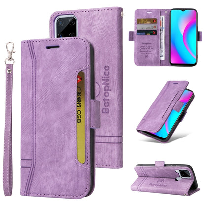 Lavender leather flip phone case with buckle closure, dual-side slots, and wrist strap