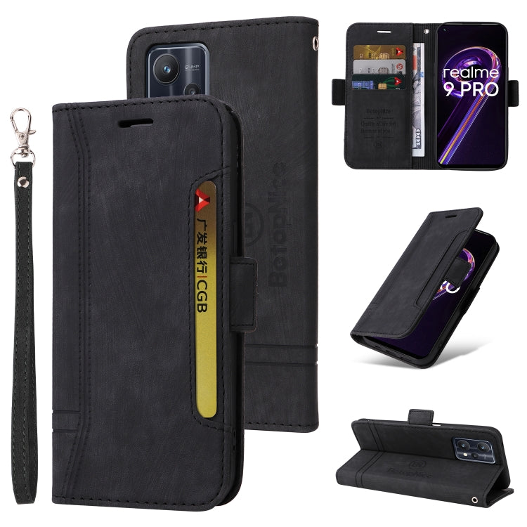 Black leather phone case with dual-side buckle, flip cover, and wrist strap.