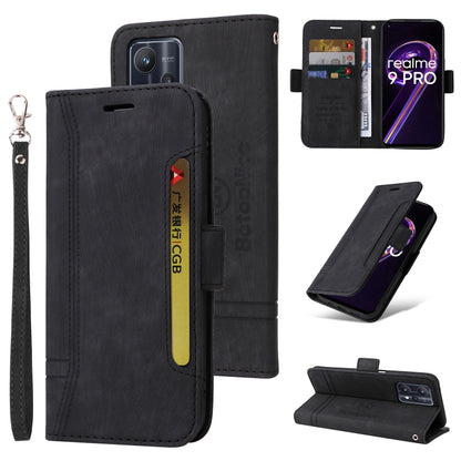 Black leather phone case with dual-side buckle, flip cover, and wrist strap.