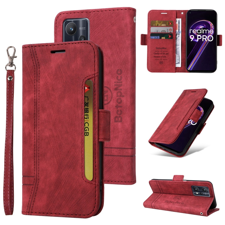 Red leather phone case with dual-side buckle, flip cover, and wrist strap.