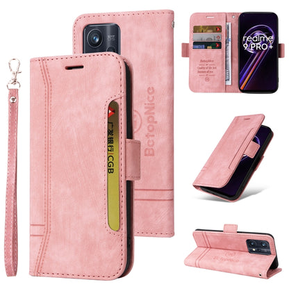 Pink leather-style flip phone case with side buckle and wrist strap; card slots on inside.
