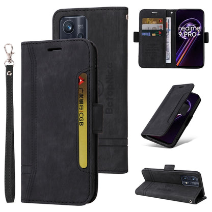 Black leather-style flip phone case with side buckle and wrist strap; kickstand view shown.