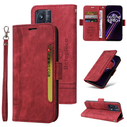 Red leather-style flip phone case with side buckle and wrist strap; multi-view with stand.