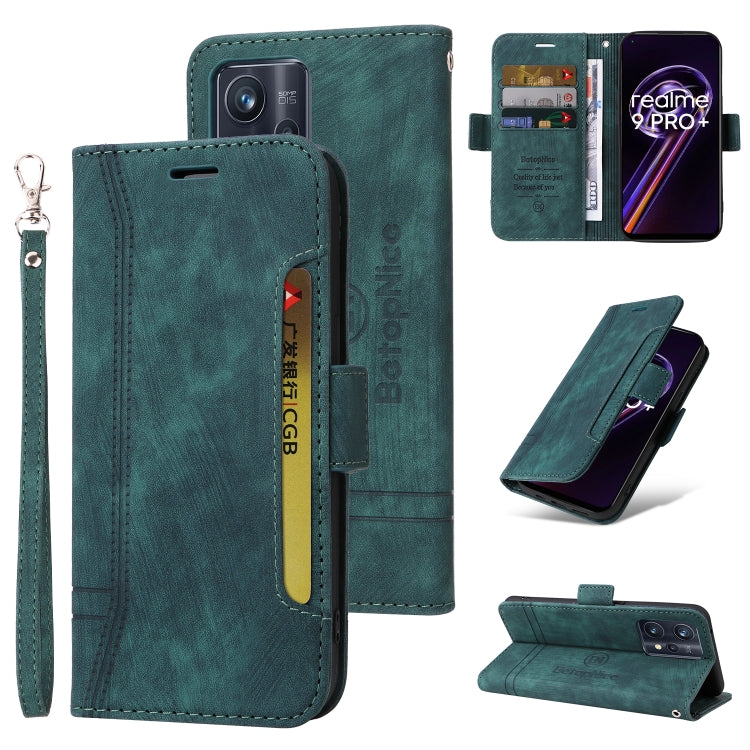 Teal leather-style flip phone case with side buckle and wrist strap; includes kickstand view.