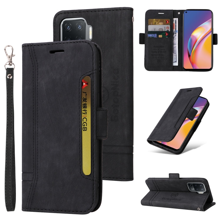 Black leather-style flip phone case with side buckle and wrist strap; front cover and stand shown.