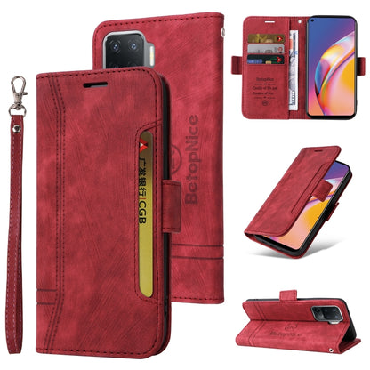 Red leather-style flip phone case with side buckle and wrist strap; front and kickstand views.