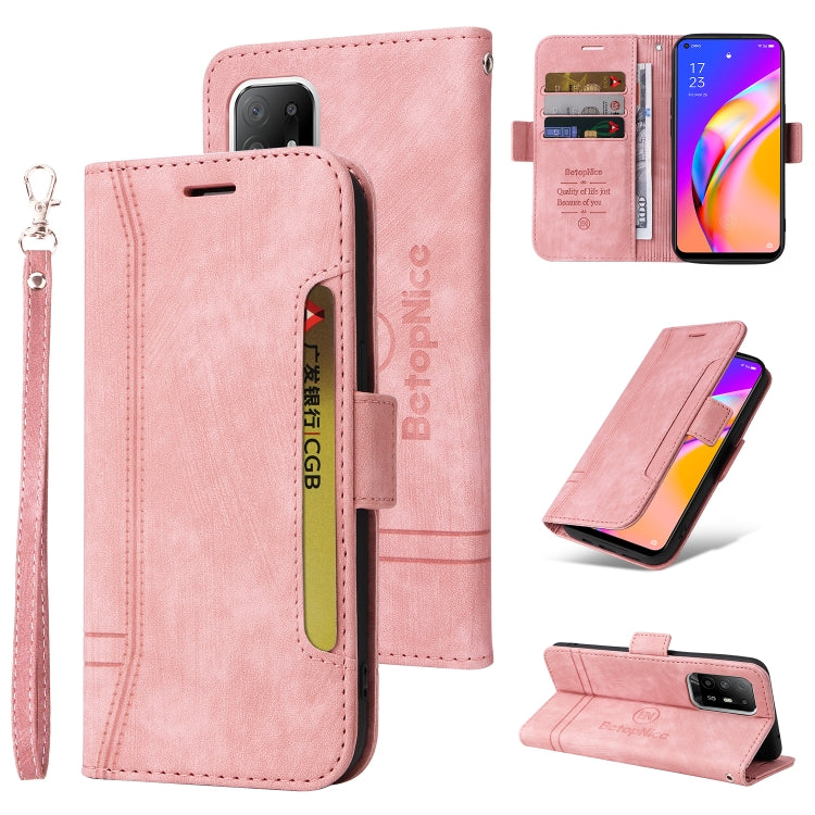 Pink leather phone case with dual-side buckle, wrist strap, and card slots