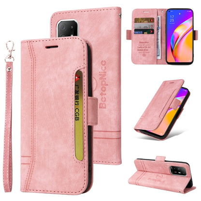 Pink leather phone case with dual-side buckle, wrist strap, and card slots