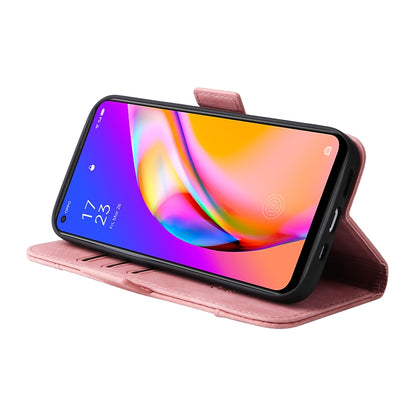 Pink leather phone case in kickstand view with angled foldover cover