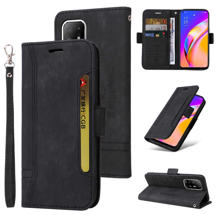 Black leather phone case with dual-side buckle, wrist strap, and card slots