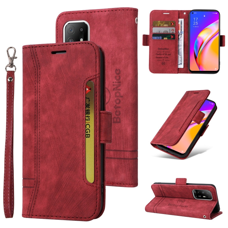 Red leather phone case with dual-side buckle and wrist strap, with front cover