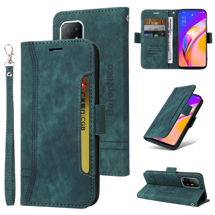Teal leather phone case with dual-side buckle, wrist strap, and card slot window