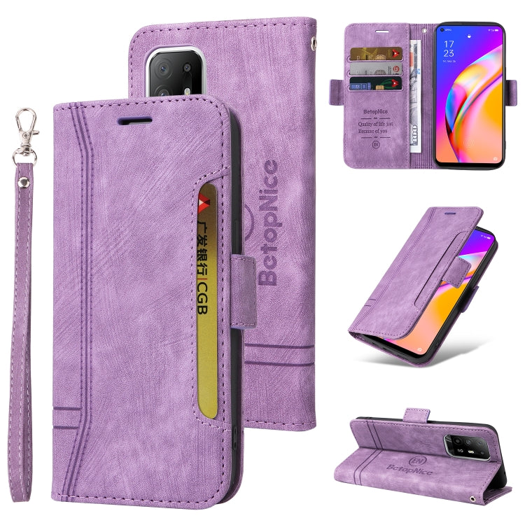 Purple leather phone case with dual-side buckle, wrist strap, and card slots