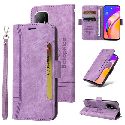 Purple leather phone case with dual-side buckle, wrist strap, and card slots