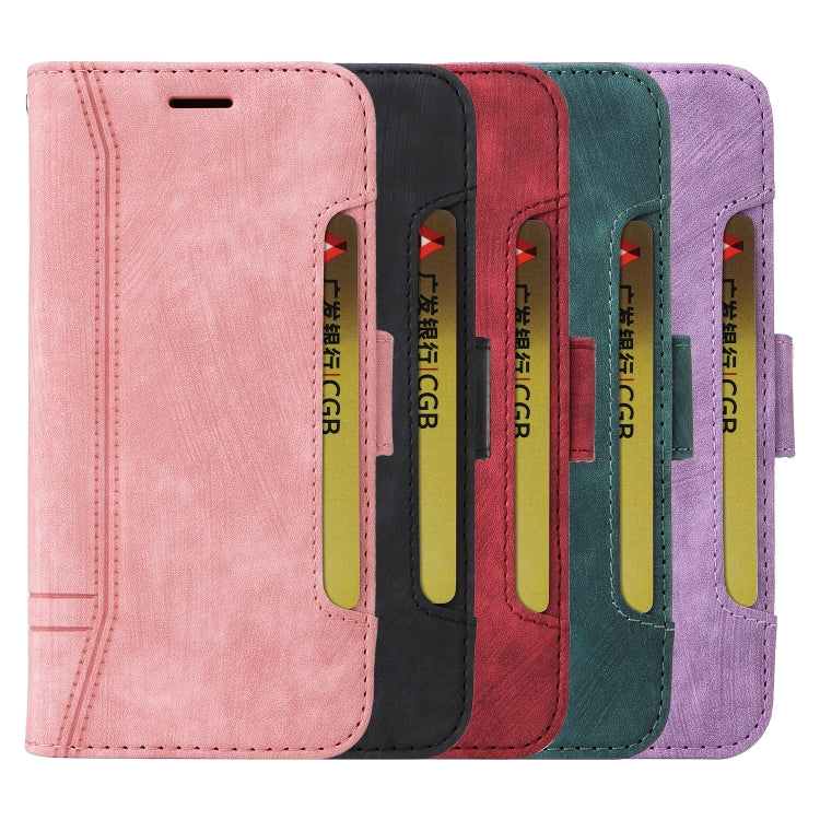 Multi-color leather phone cases with dual-side buckle and card holder, front close-up