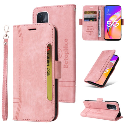Pink dual-side buckle leather phone case with wrist strap, card slots, and flip cover