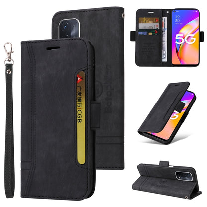 Black dual-side buckle leather phone case with wrist strap, card slots, and flip cover