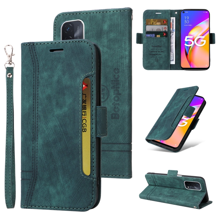 Green dual-side buckle leather phone case with wrist strap, card slots, and flip cover