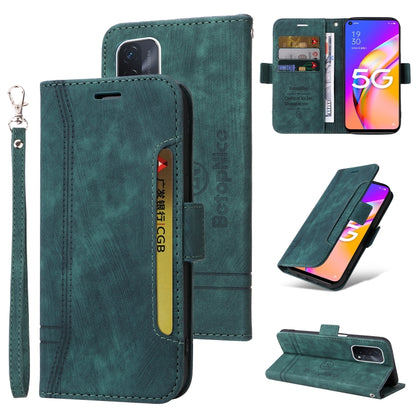 Green dual-side buckle leather phone case with wrist strap, card slots, and flip cover
