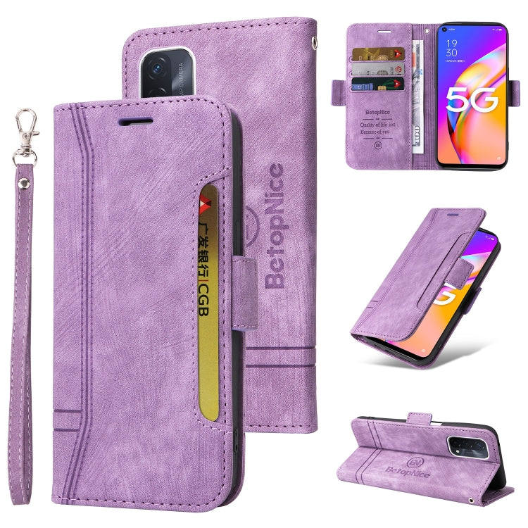 Purple dual-side buckle leather phone case with wrist strap, card slots, and flip cover
