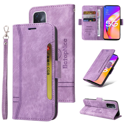 Purple dual-side buckle leather phone case with wrist strap, card slots, and flip cover