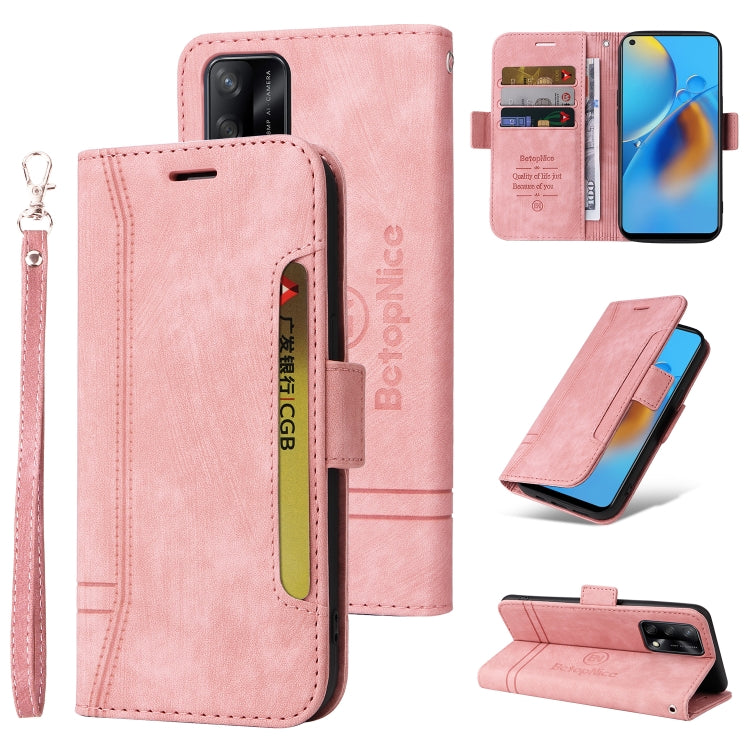 Pink dual-side buckle leather phone case with wrist strap, card slots, and flip cover