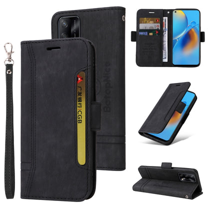Black dual-side buckle leather phone case with wrist strap, card slots, and flip cover