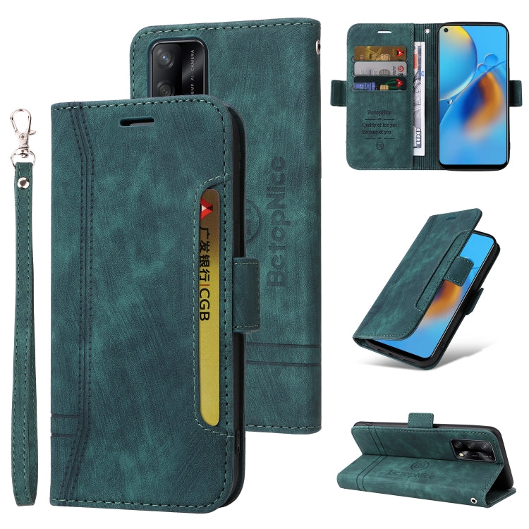 Green dual-side buckle leather phone case with wrist strap, card slots, and flip cover