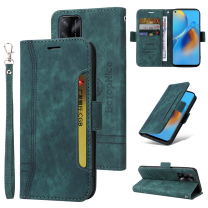 Green dual-side buckle leather phone case with wrist strap, card slots, and flip cover