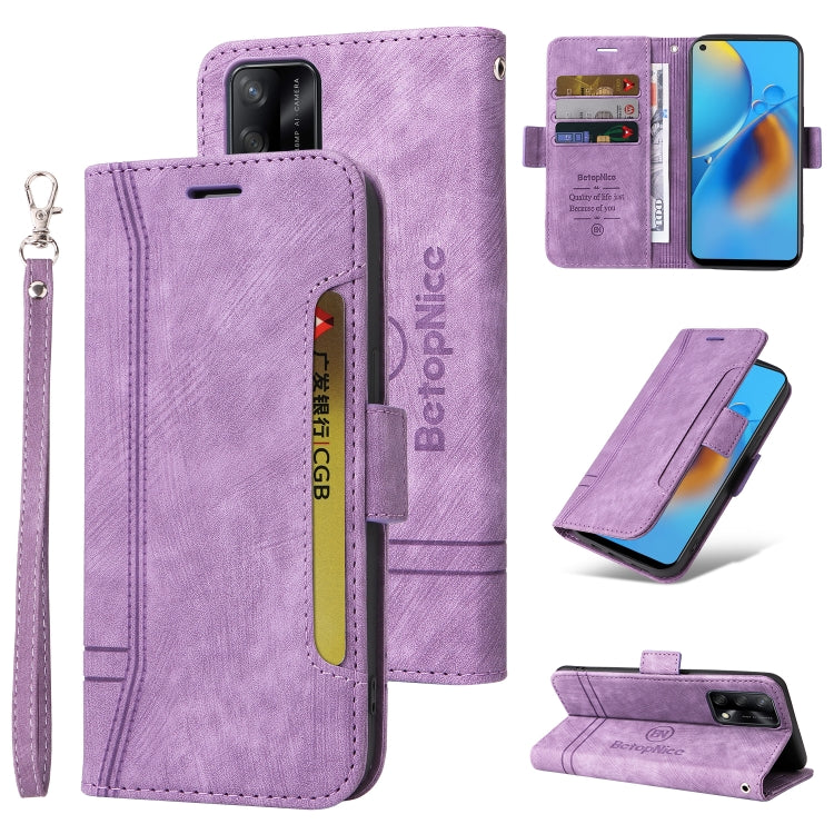 Purple dual-side buckle leather phone case with wrist strap, card slots, and flip cover