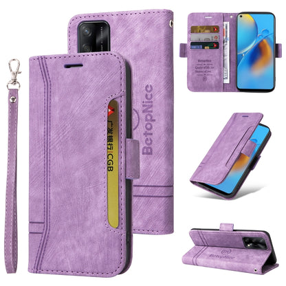 Purple dual-side buckle leather phone case with wrist strap, card slots, and flip cover
