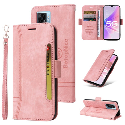 Pink dual-side buckle leather phone case with flip cover, card slots, and wrist strap