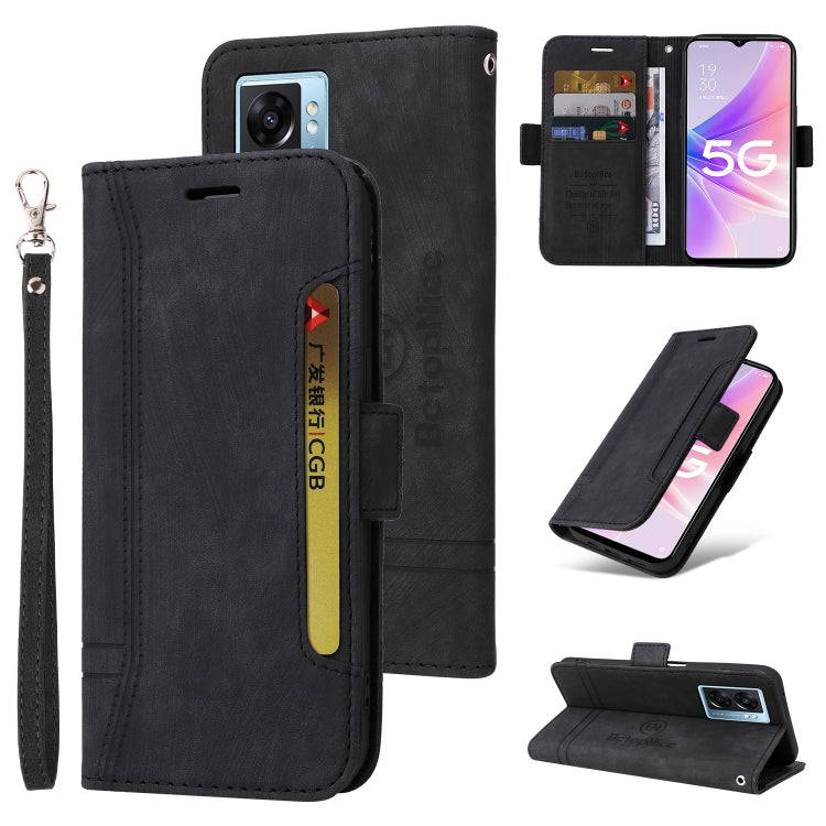 Black dual-side buckle leather phone case with flip cover, card slots, and wrist strap