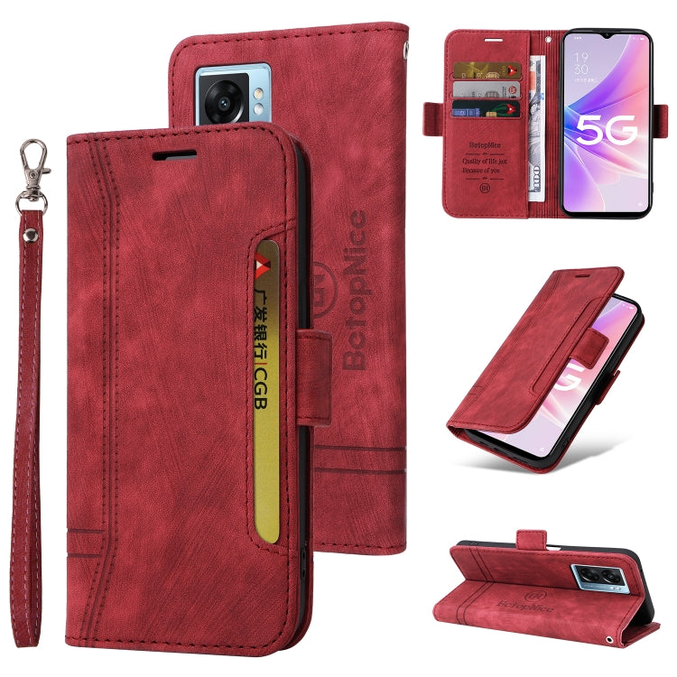 Red dual-side buckle leather phone case with flip cover, card slots, and wrist strap