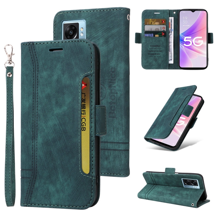 Green dual-side buckle leather phone case with flip cover, card slots, and wrist strap