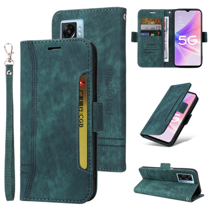 Green dual-side buckle leather phone case with flip cover, card slots, and wrist strap