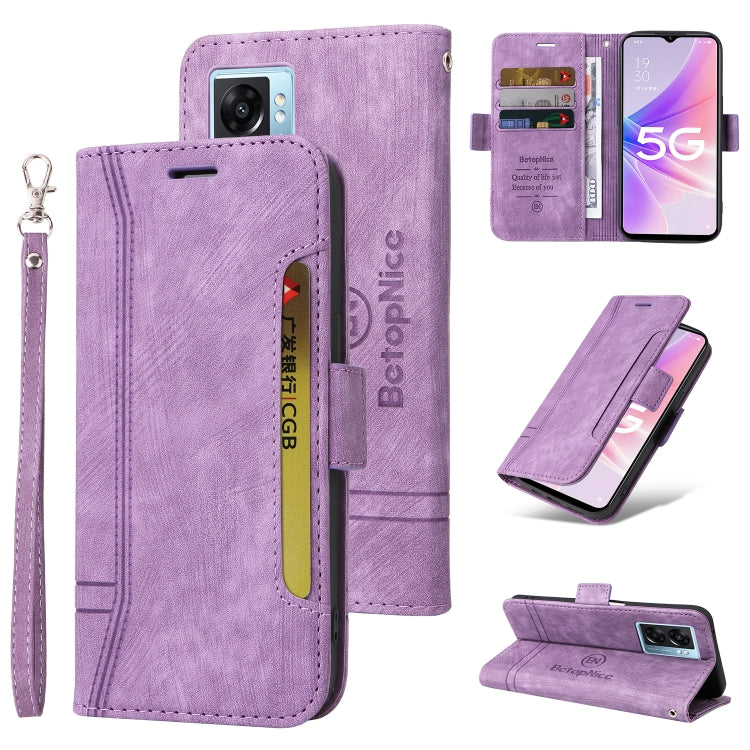 Purple dual-side buckle leather phone case with flip cover, card slots, and wrist strap