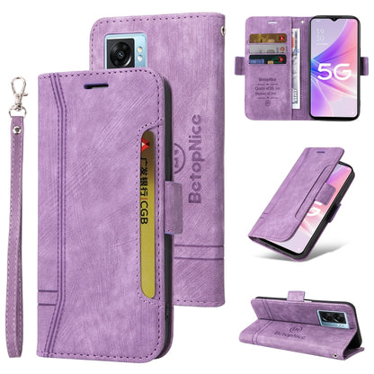 Purple dual-side buckle leather phone case with flip cover, card slots, and wrist strap