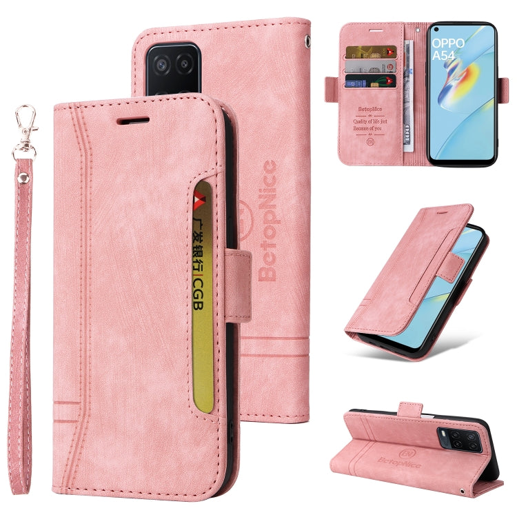 Pink leather wallet phone case with dual-side buckle, flip stand, and wrist strap