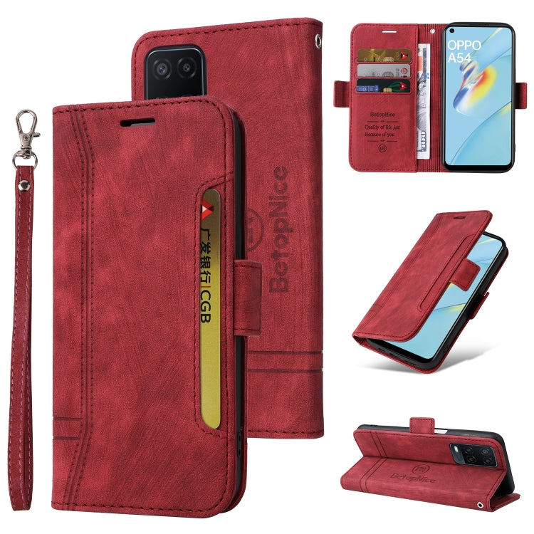 Red leather wallet phone case with dual-side buckle, flip stand, and wrist strap