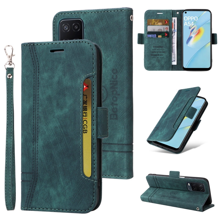 Teal green leather wallet phone case with dual-side buckle, flip stand, and wrist strap