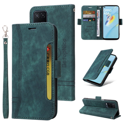 Teal green leather wallet phone case with dual-side buckle, flip stand, and wrist strap