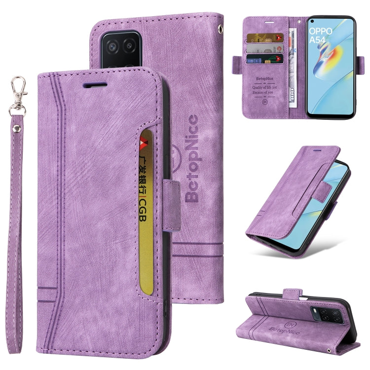 Lavender purple leather wallet phone case with dual-side buckle, flip stand, and wrist strap