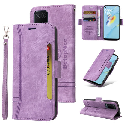 Lavender purple leather wallet phone case with dual-side buckle, flip stand, and wrist strap