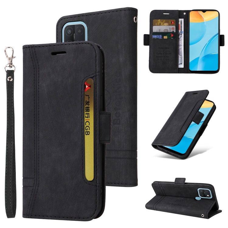 Black leather-style wallet phone case with card slots, magnetic flap, and wrist strap